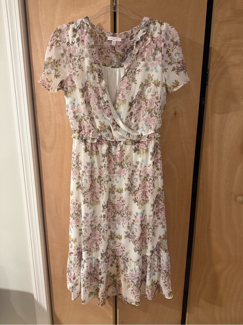 LC Lauren Conrad Cream Floral Wrap Midi Dress with Light Pink Roses